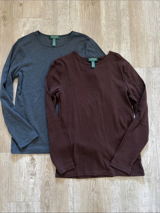 Lauren Ralph Lauren Tops - Lauren Ralph Lauren Long Sleeve Ribbed Cotton Tee Charcoal Gray & Deep Brown